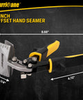 Offset hand seamer for roofing, 3 inch tool with yellow and black handle designed for precise sheet metal bends and safer handling.