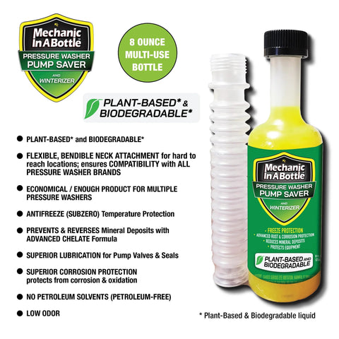 biodegradable pressure washer winterizer plant-based pump saver with flexible pour hose 8 oz bottle for rust protection