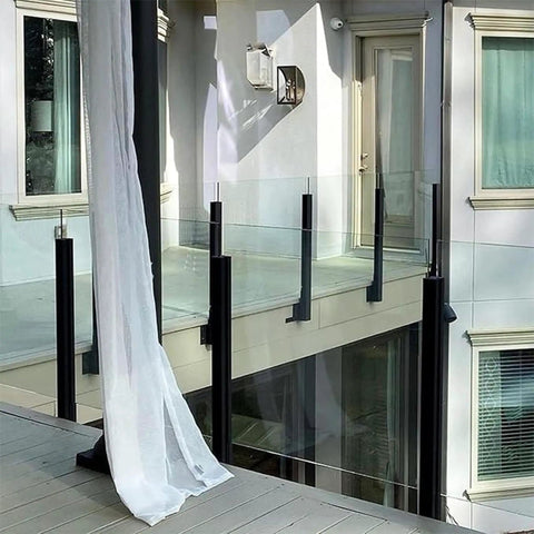Kickass 304 Stainless Steel Glass Railing Side Support Bracket For Balcony And Patio Deck Posts with smooth install and glass panels.