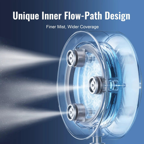 Magnetic Outdoor Fan Misting Kit With Triple Nozzle Design, showing fine mist flow from three brass nozzles.