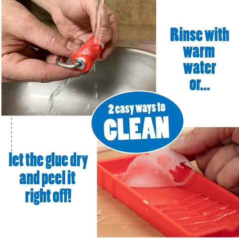 Silicone Glue Roller And Tray Set For Arts Crafts And Woodworking, showing easy cleanup by rinsing or peeling off glue
