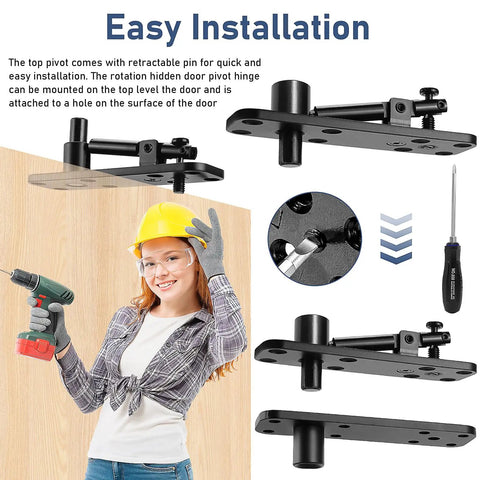 Person installing 570 Lb Hidden Door Pivot Hinge Kit For Heavy Doors Beefy Stainless Steel Hardware with drill and gloves