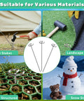 12 Inch 8 Gauge Circle Top Landscape Fabric Staples Galvanized Steel Garden Pins For Weed Barrier Sod Landscaping Outdoor Use Pack Of 25 50 Or 100 Pcs Heavy Duty Rust Resistant Stakes shown in various applications.