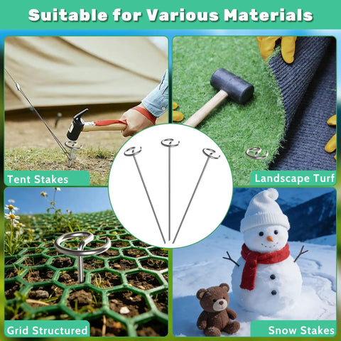 12 Inch 8 Gauge Circle Top Landscape Fabric Staples Galvanized Steel Garden Pins For Weed Barrier Sod Landscaping Outdoor Use Pack Of 25 50 Or 100 Pcs Heavy Duty Rust Resistant Stakes shown in various applications.