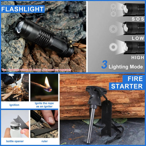 Flashlight and fire starter included in 30 In 1 Survival Kit For Adventurers Gear Up Emergency Outdoor Essentials Camping Fishing Hunting Hiking Travel Ready For Any Trip Gift Idea For Men And Women Cool Outdoor Gadgets All In One Survival Set.