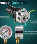 Air Regulator With 0 To 200 Psi Gauge And Four Port Adjustable Regulator, Fits Craftsman DeWalt DeVilbiss Air Compressors