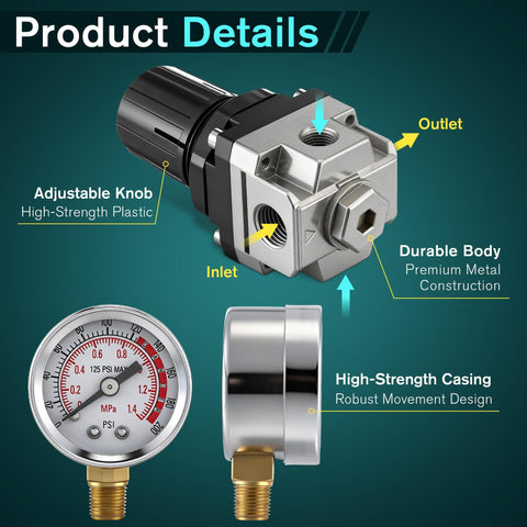 Air Regulator With 0 To 200 Psi Gauge And Four Port Adjustable Regulator, Fits Craftsman DeWalt DeVilbiss Air Compressors