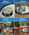 Euler's Disk Kinetic Toy With Interchangeable Foils For A Hypnotic Light And Sound Display shown in four-step assembly process