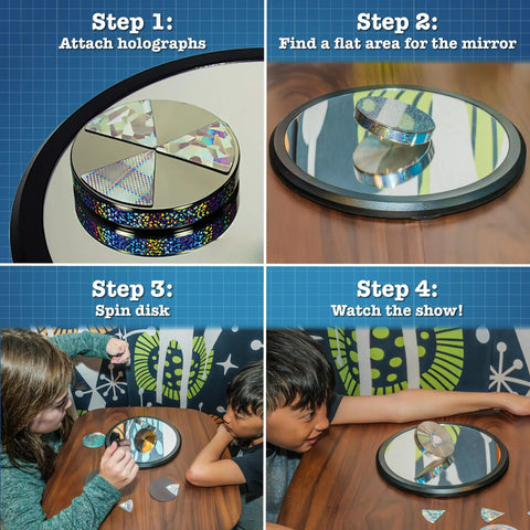 Euler's Disk Kinetic Toy With Interchangeable Foils For A Hypnotic Light And Sound Display shown in four-step assembly process