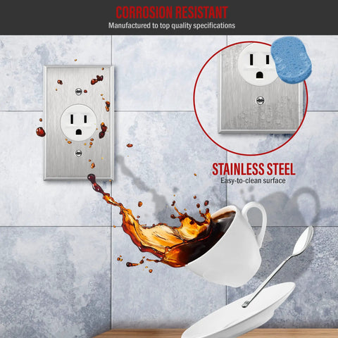 Heavy Duty Metal Wall Plate For 1.406 Inch Single Receptacle 1 Gang Corrosion Resistant 430 Stainless Steel UL Listed shown resisting spills