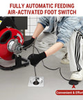 Professional Heavy Duty Electric Drain Cleaner With Automatic Feed Sewer Snake Auger Plus One Hundred Foot Manganese Steel Cable And Air Foot Switch For Stubborn Clogs in use with automatic feed and air foot switch.