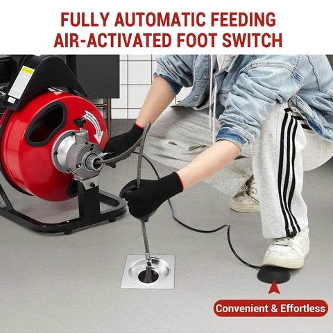 Professional Heavy Duty Electric Drain Cleaner With Automatic Feed Sewer Snake Auger Plus One Hundred Foot Manganese Steel Cable And Air Foot Switch For Stubborn Clogs in use with automatic feed and air foot switch.