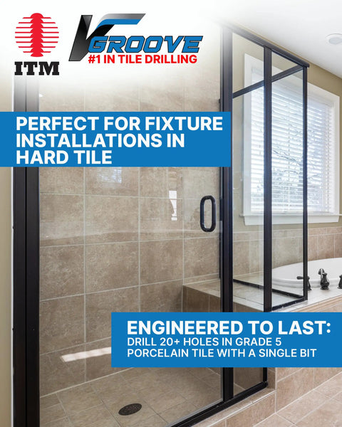 Promotional image for V-Groove Tile Drill Bits 1/4 Inch By 4 Inch Carbide Tipped 25 Pack with shower tile installation.