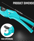PEX Pipe Cutter For 1/8 To 1 Inch PEX And Rubber Hoses, Tubing Cutter With PTFE Coated Sharp Blade shown from side with measurement