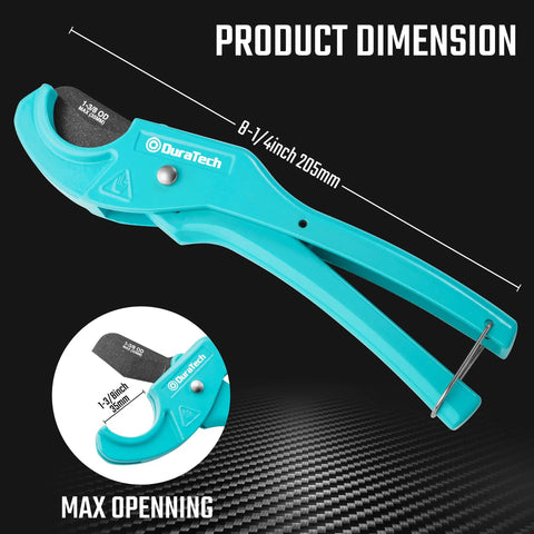 PEX Pipe Cutter For 1/8 To 1 Inch PEX And Rubber Hoses, Tubing Cutter With PTFE Coated Sharp Blade shown from side with measurement