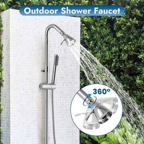 Polished Chrome Outdoor Shower Kit With Handheld Sprayer Wall Mount Double Cross Handles Adjustable Slide Bar And Dual Function Exposed Faucet System Built Tough Stainless Steel And Brass Construction Rust Resistant Easy Install
