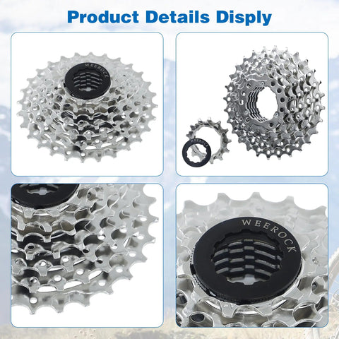 Bike Cassette Sprocket 7 Speed 11-28T For Mountain Bike MTB Accurate Shifts Wide Gear Range Durable Alloy Construction Easy Replacement Part To Upgrade Your Ride And Tear Up Trails silver close-up views