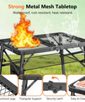 Portable Folding Grill Table With 3 Level Adjustable Height For Outdoors, mesh top with flame, aluminum legs, close-up view