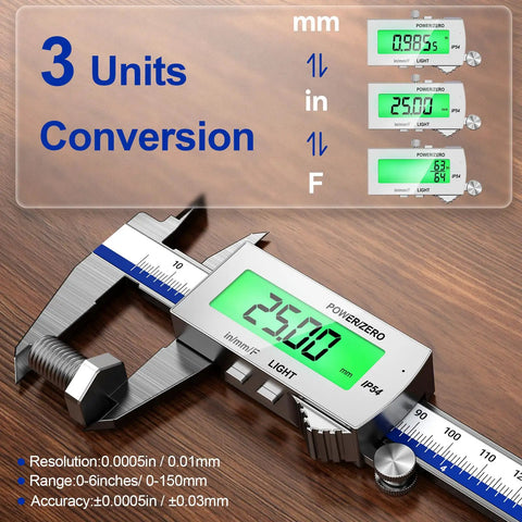 Backlit 6 Inch Digital Caliper With Rechargeable Battery IP54 Waterproof Large LCD Screen In mm And Fraction Conversions
