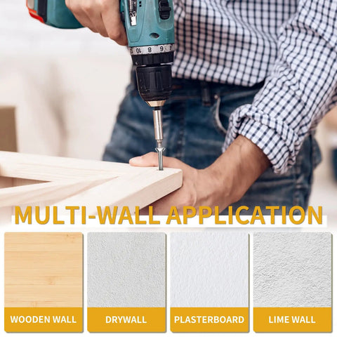Person using a drill to install a screw into wood, highlighting multi-wall applications like wooden, drywall, plasterboard, and lime wall.