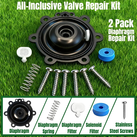 Front view of FRUSSONIA 2-pack irrigation valve diaphragm repair kit with diaphragms, springs, filters, screws