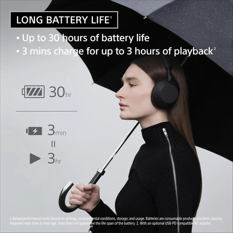Person wearing Top Tier Noise Canceling Wireless Headphones With HD NC Processor QN3, 30 Hour Battery Life, holding umbrella