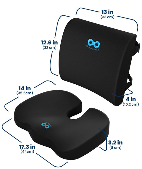 Feel The Ultimate Comfort With This Doctor Approved Memory Foam Seat Cushion Designed For Office Chairs And Cars To Crush Tailbone Pain And Sciatica Suffering While Boosting Your Posture During Those Long Grind Sessions In Style Black, dimensions shown.