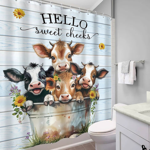 Funny Highland Cow Shower Curtain 60x72 Inches Farmhouse Floral Cute Cows Light Blue Plank Bucket Bath Time Vibes Decor Polyester With 12 Hooks Included Water Resistant Quick Dry