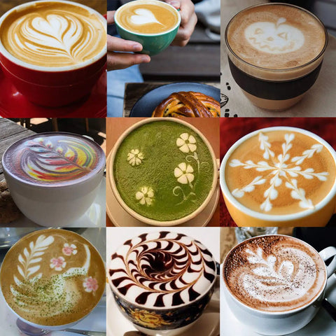 Assorted cups of coffee with intricate latte art designs, showcasing skills that can be achieved with Milk Frothing Pitcher Set 12 Oz 20 Oz 32 Oz Stainless Steel Espresso Steaming Pitchers for Pro Grade Latte Art Cappuccino Barista Tools Milk Jug Cup with Decorating Pen for Consistent Foam and Velvet Microfoam Easy Pour.