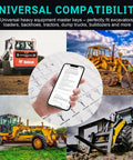 Collage of heavy machinery with a hand holding tech, showcasing All-in-One 115 Piece Full Range Master Equipment Keys Set For Heavy Machinery.