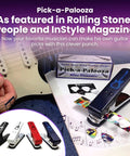 DIY Guitar Pick Punch Gift Kit With Leather Key Chain Holder, 4 Starter Strips, Blue Punch, and picks next to guitar.