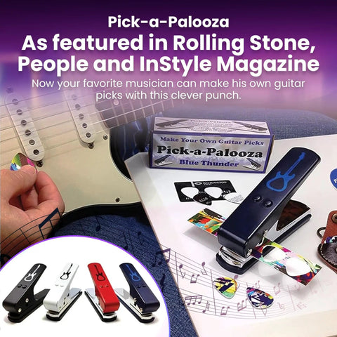 DIY Guitar Pick Punch Gift Kit With Leather Key Chain Holder, 4 Starter Strips, Blue Punch, and picks next to guitar.