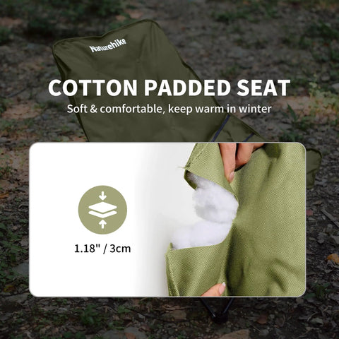 Oversized Padded Camping Chair With 27.6 Inch Wide Seat featuring cotton padded seat detail and dimensions, shown on outdoors.