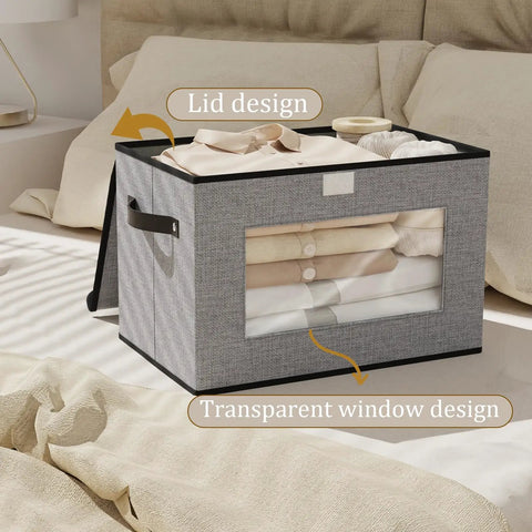 Storage Bins With Lids And Handles, 15 By 9.8 By 9.8 Inch Gray 3 Pack Closet Organizers With Transparent Front Window for storage on bed.