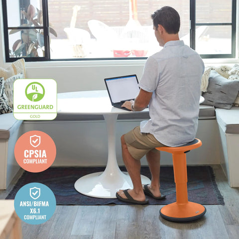 SitWell Wobble Stool With Adjustable Height For Active Seating In Classrooms And Home Learning, orange stool in home office