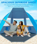 Family sitting in Portable Beach Tent For 3 To 7 People, UPF 50 Plus Sun Shelter on beach, showcasing spacious interior.