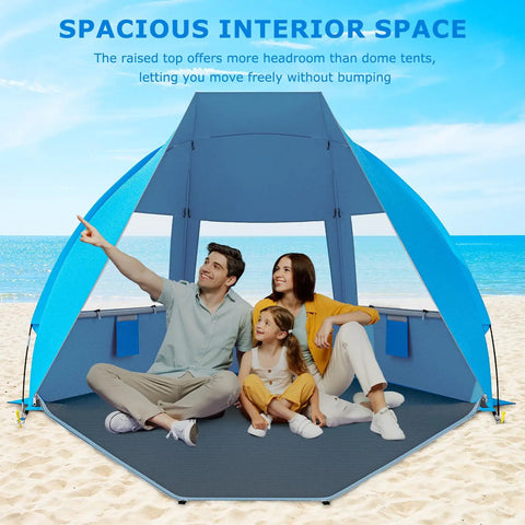 Family sitting in Portable Beach Tent For 3 To 7 People, UPF 50 Plus Sun Shelter on beach, showcasing spacious interior.