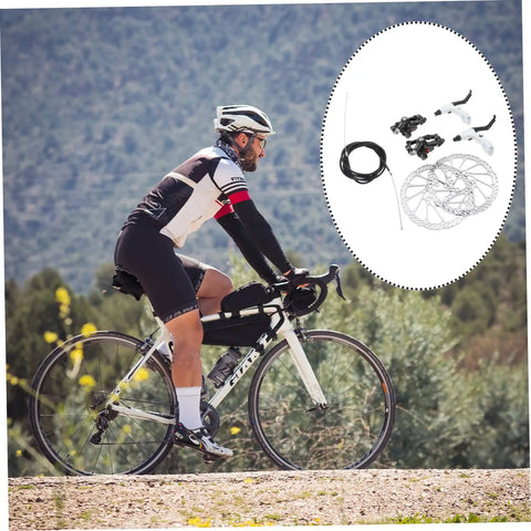 Trail Tough Mountain Bike Disc Brake Kit equipped with lightweight hollow rotors, mechanical calipers, and a cyclist on a trail.