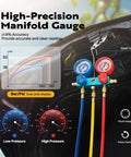 110V 1 3rd HP 4CFM Single Stage Rotary Vane Vacuum Pump With Leak Detector And AC Manifold Gauge Set close-up view showing gauges and hoses.