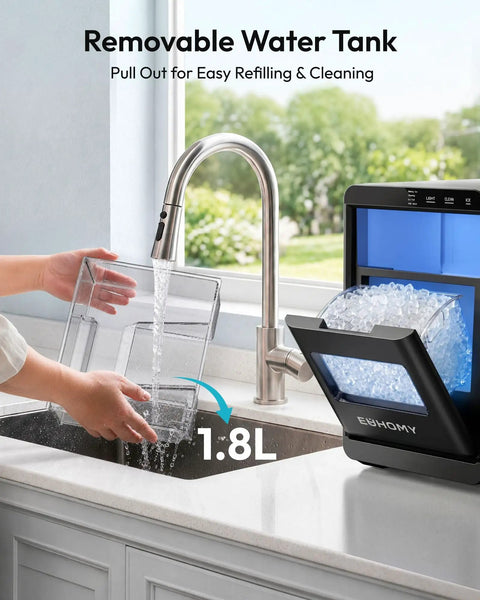 Removable water tank being filled with water for Quick Freeze Countertop Nugget Ice Maker Delivers 44 Pounds Of Soft Sonic Pellet Ice Daily.