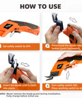 Powerful Electric Scissors Cordless For Fabric And Craft With Two Blades Cutting Cardboard Leather Plastic And Carpet Easy Use Super Sharp Heavy Duty Tool, usage instructions on a guide.