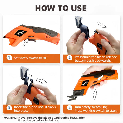 Powerful Electric Scissors Cordless For Fabric And Craft With Two Blades Cutting Cardboard Leather Plastic And Carpet Easy Use Super Sharp Heavy Duty Tool, usage instructions on a guide.