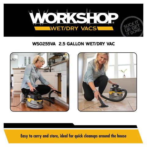 Person using a Portable Wet Dry Shop Vacuum For Home And Garage, 2.5 Gallon Tank, 1.75 Peak HP, for quick cleanups.