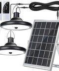 Dual Head Solar Pendant Lights With Motion Sensor, 4 Modes, waterproof, 16.4 ft cord, solar panel, remote controls.
