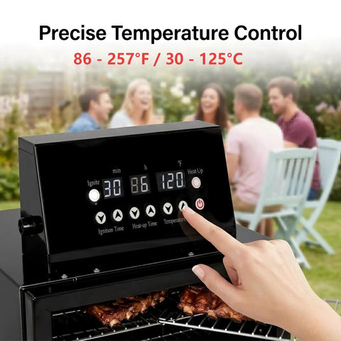 Smooth Operator Vertical Electric Smoker 1600W with digital temp control display and heating settings for outdoor cooking.