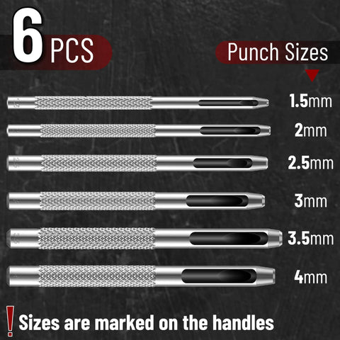 Leather Hole Punch Set With Hollow Punch Tools, Six Steel Punches From 1.5Mm To 4Mm For Leather Crafting displayed with sizes