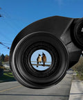 View through 12x25 Compact Binoculars For Adults And Kids With Large Eyepieces focused on birds on a wire, street in background
