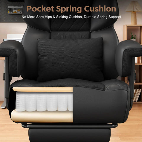 Big And Tall Office Chair For Desk Use With Soft Adjustable Armrests And Comfy Ergonomic High Back With Lumbar Support And Built In Footrest PU Leather Executive Computer Chair In Black showcasing pocket spring cushion cutaway view.