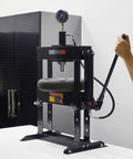 Front view of 10 Ton Adjustable Benchtop Hydraulic Shop Press for Garage Use with pressure gauge and manual hand pump.