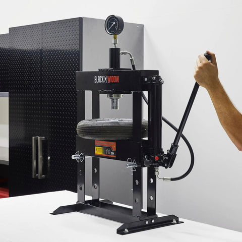 Front view of 10 Ton Adjustable Benchtop Hydraulic Shop Press for Garage Use with pressure gauge and manual hand pump.